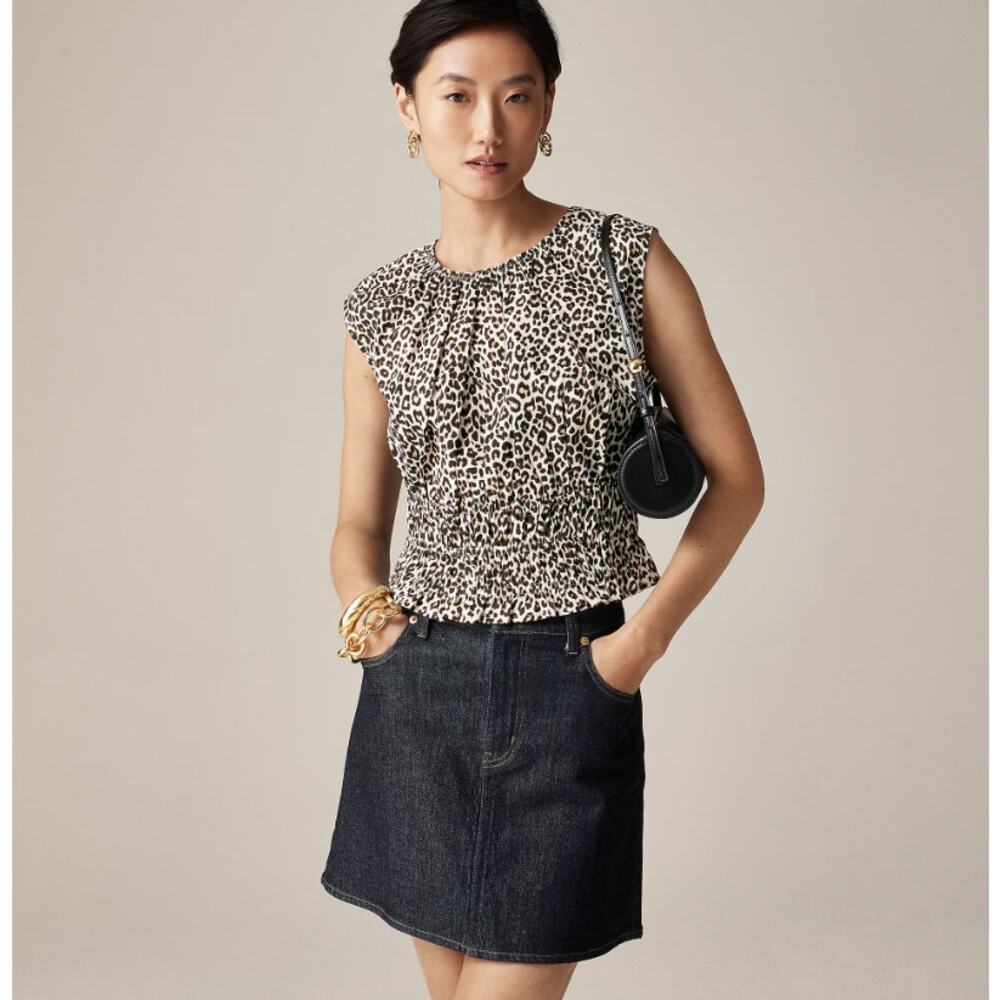 J.Crew Hyacinth Top M Tan Black Leopard Cotton Poplin Smocked Waist Sleeveless